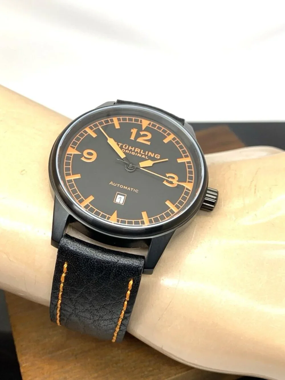 Stuhrling Men's Watch ST-900016 Automatic Black Orange Dial Leather Band 44mm